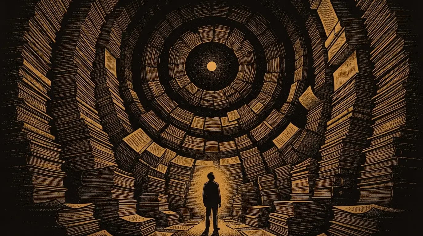 Illustration of a spiral library of stacked documents and research papers rising into darkness, with a single point of light at the center, symbolizing decades of goal-setting research narrowing down to one clear finding